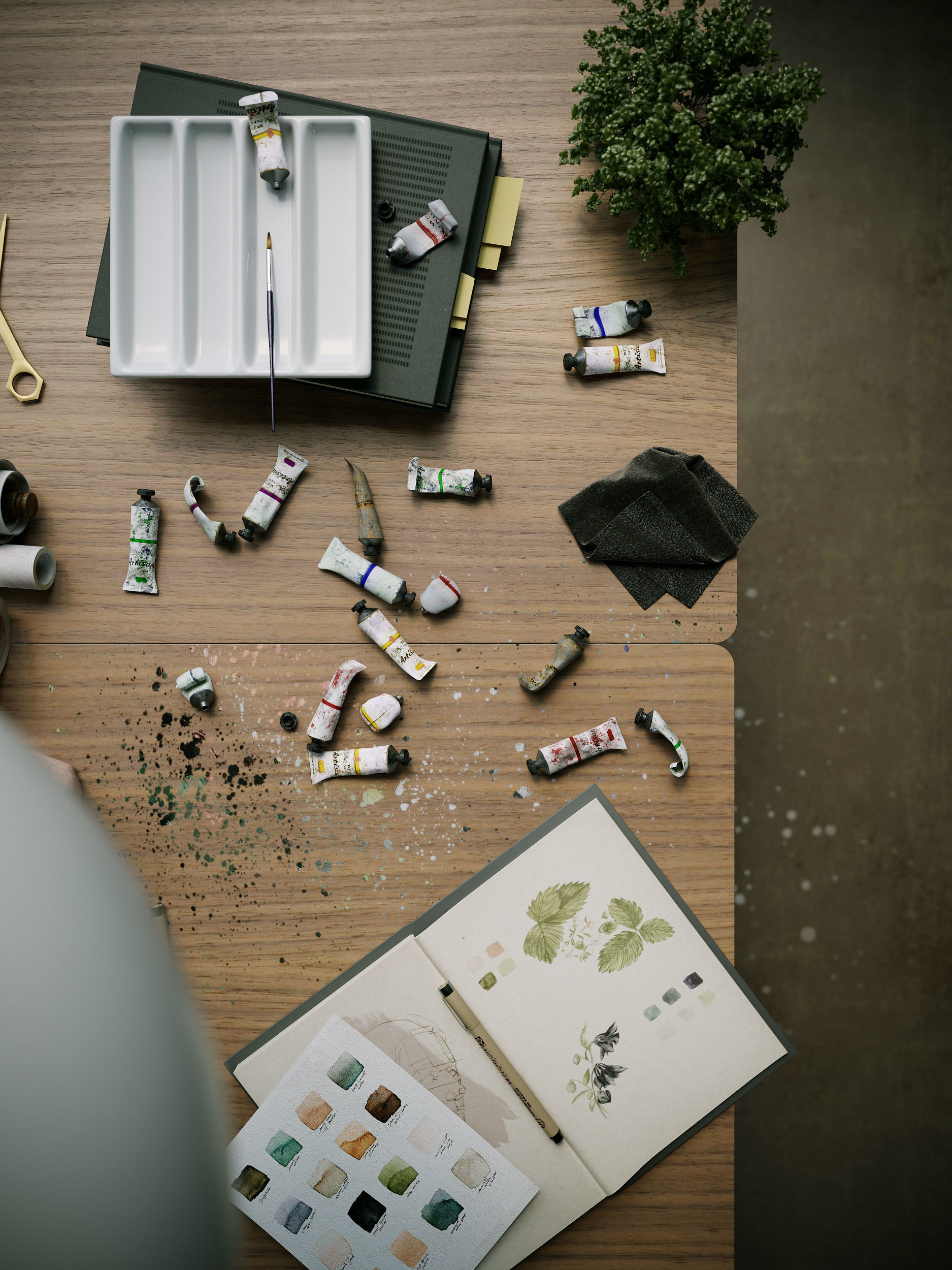 Watercolor Room interior scene 3D model_11