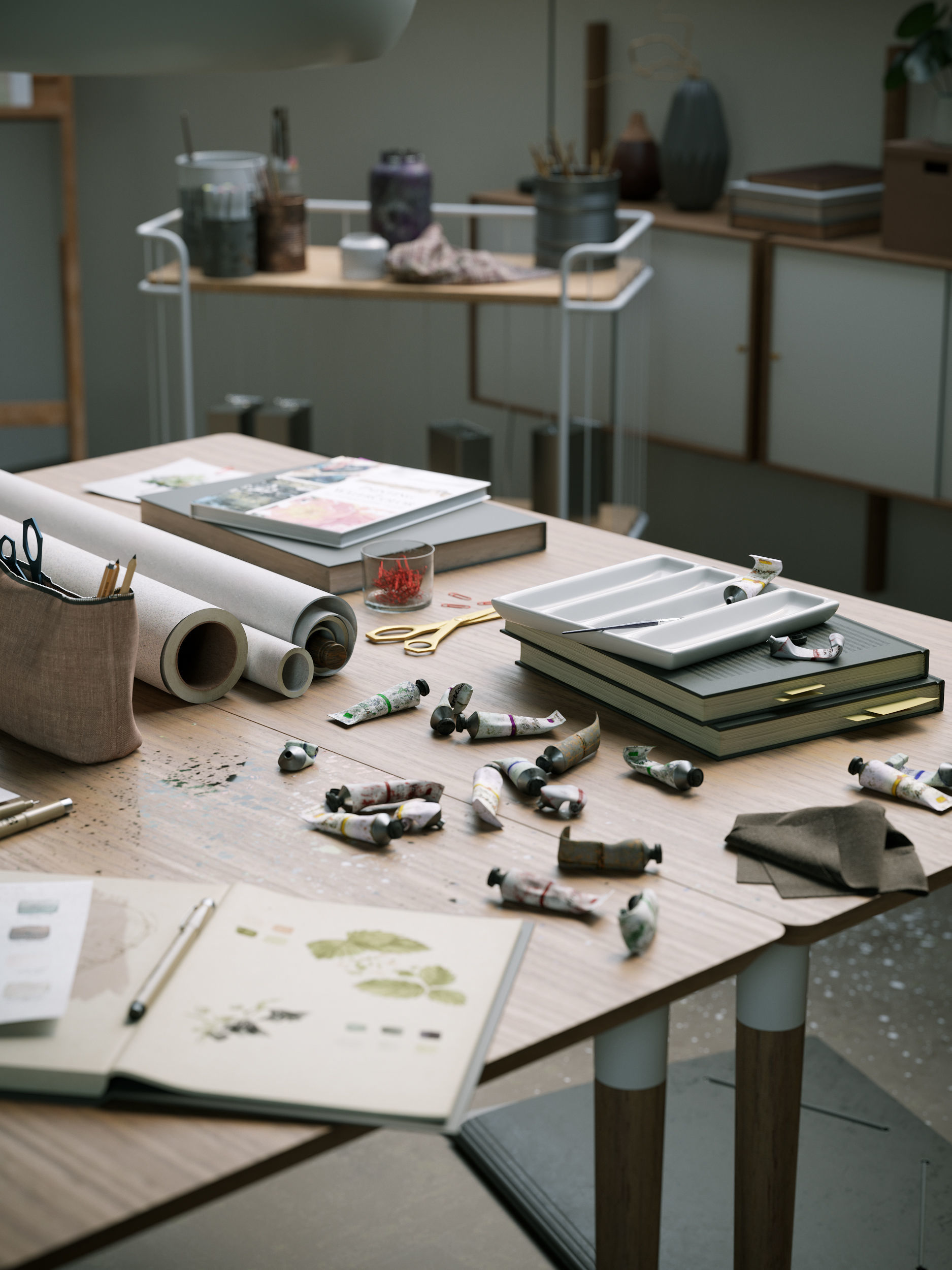 Watercolor Room interior scene 3D model_6