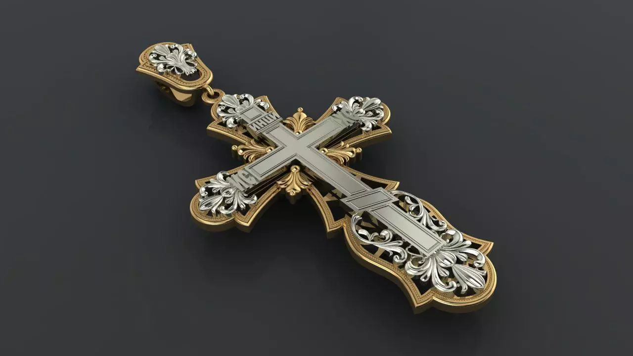 Cross gold pendant with diamonds 3D print model_0