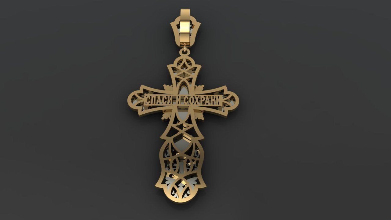 Cross gold pendant with diamonds 3D print model_2