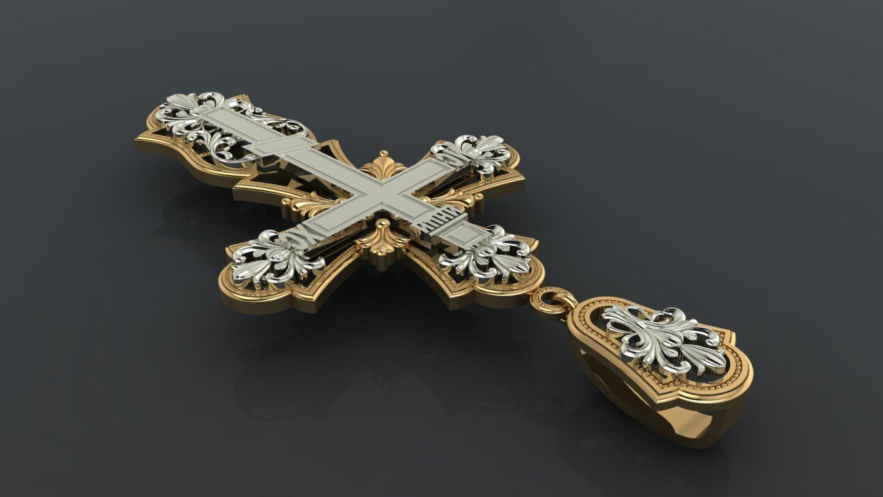 Cross gold pendant with diamonds 3D print model_1
