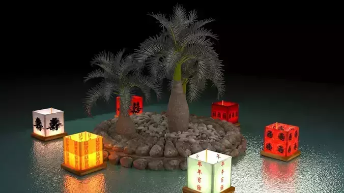 Chinese water lantern with Hawaii coconut tree   3D model
