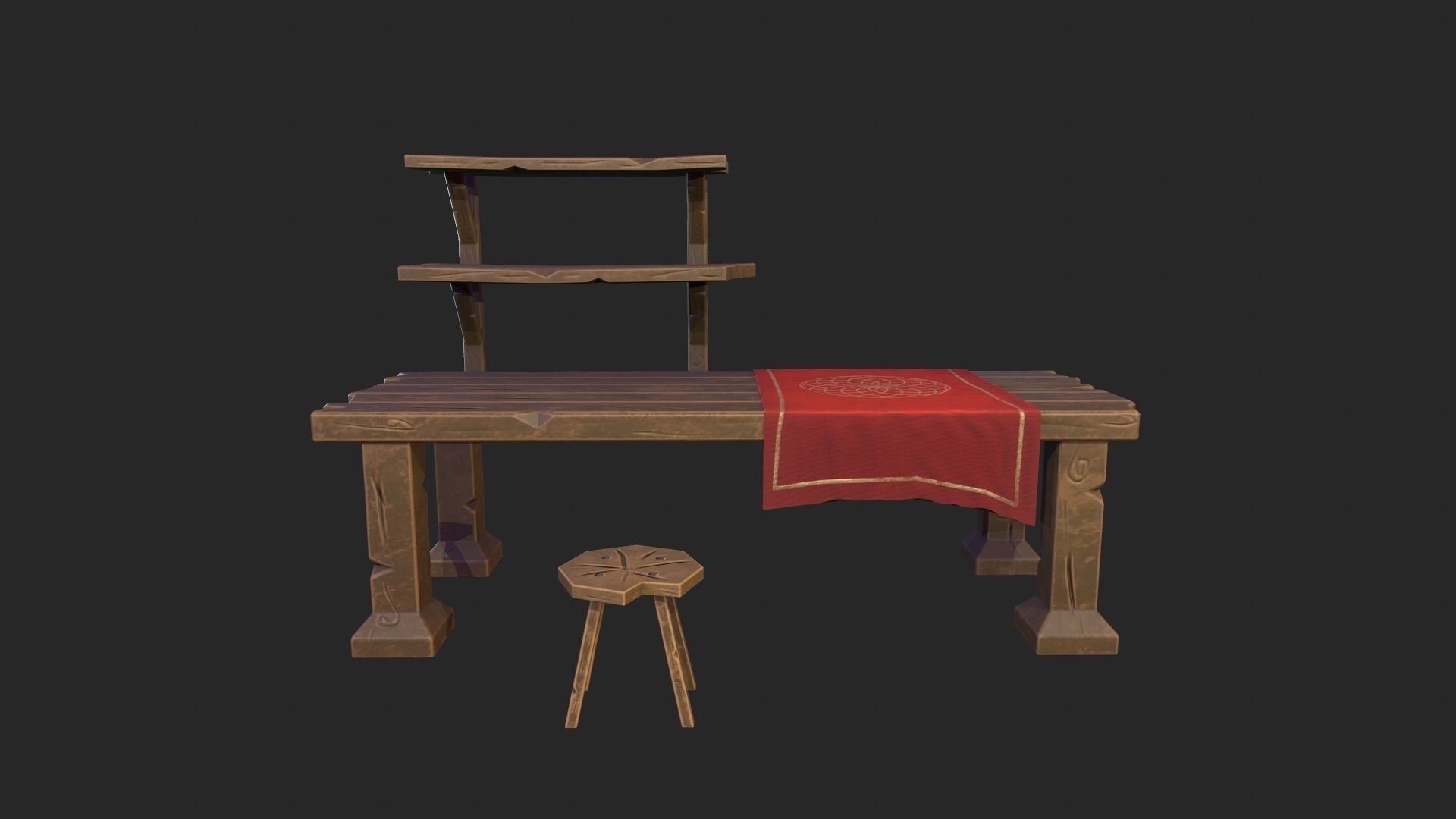 Stylized worksplace - table-stool Low-poly 3D model_2