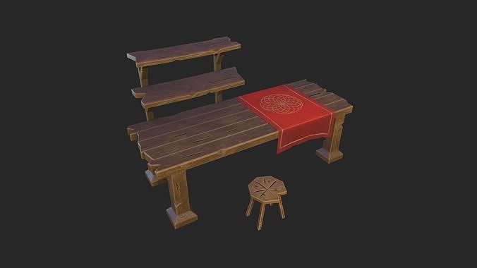 Stylized worksplace - table-stool Low-poly 3D model