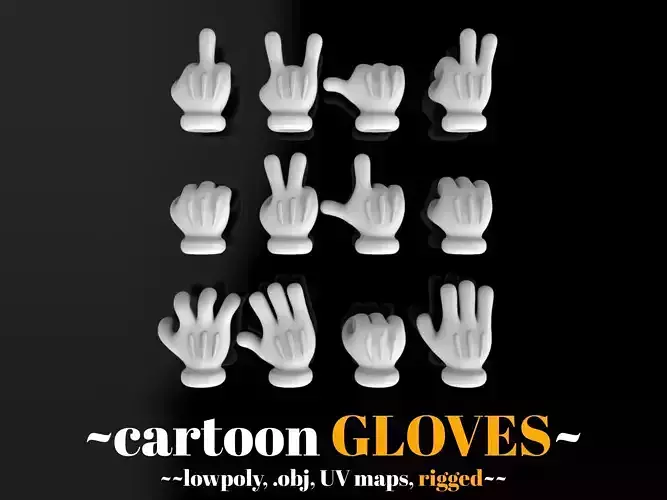 Cartoon glove stylized hand rigged with 4 fingers