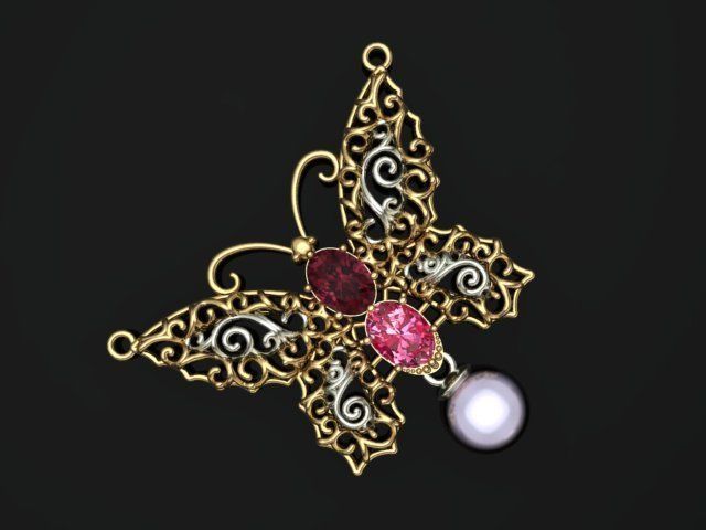 butterfly pendant with stone 3D print model_12