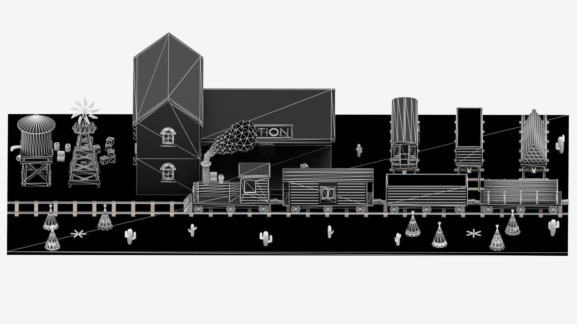 Old Wild West Train and Staion Low-poly 3D model_5
