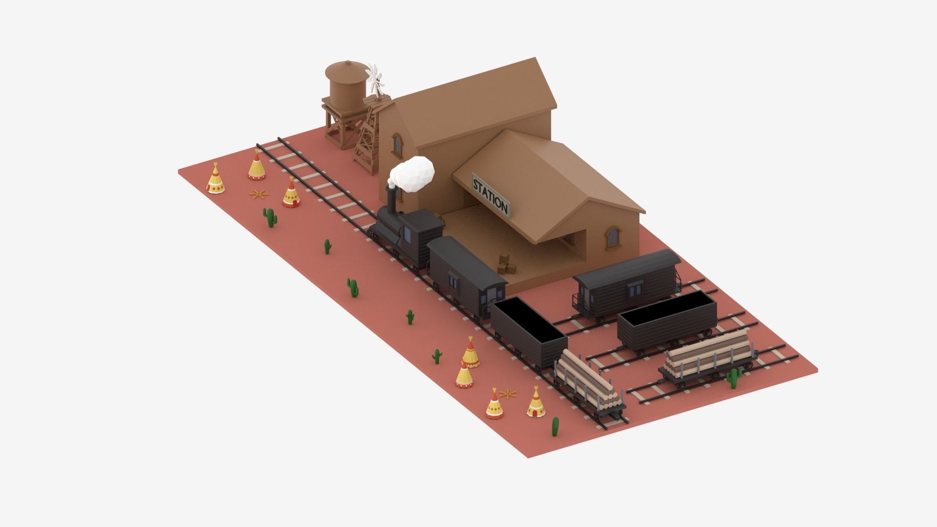 Old Wild West Train and Staion Low-poly 3D model_10