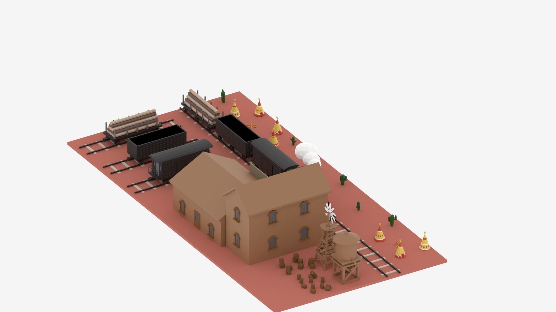 Old Wild West Train and Staion Low-poly 3D model_16