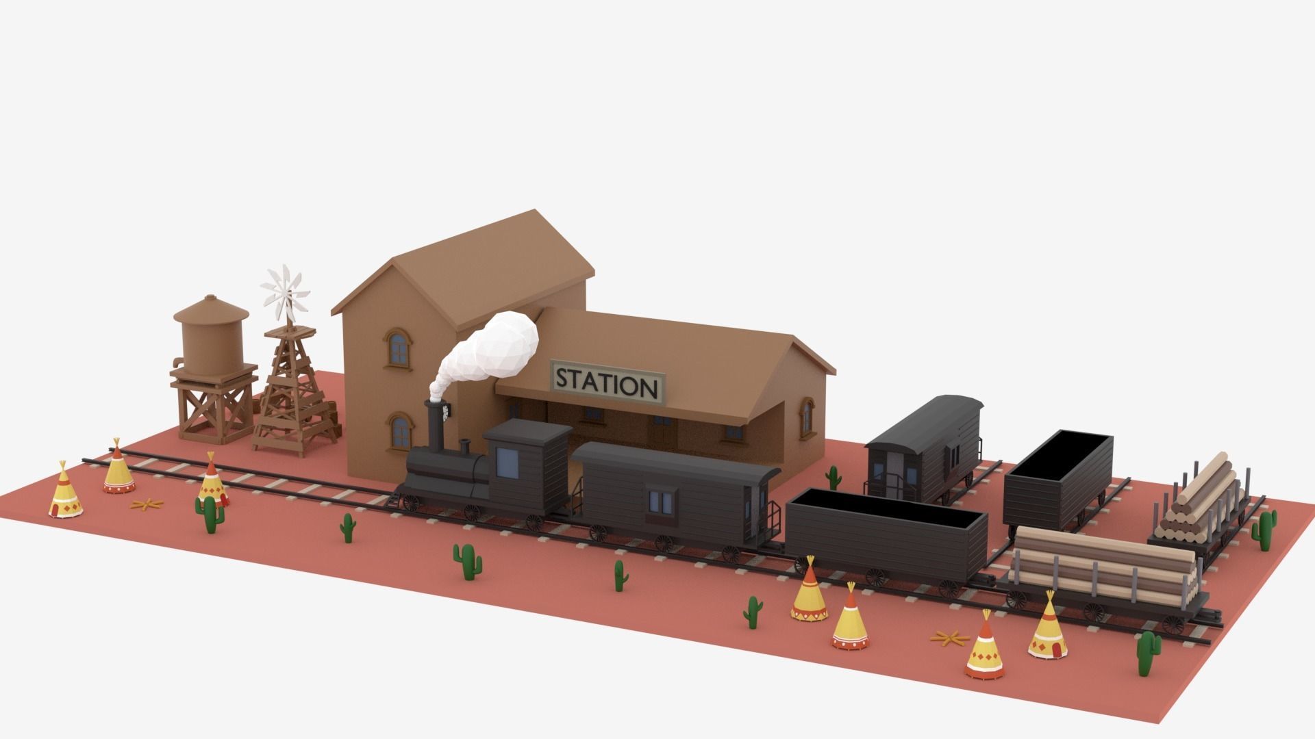 Old Wild West Train and Staion Low-poly 3D model_7