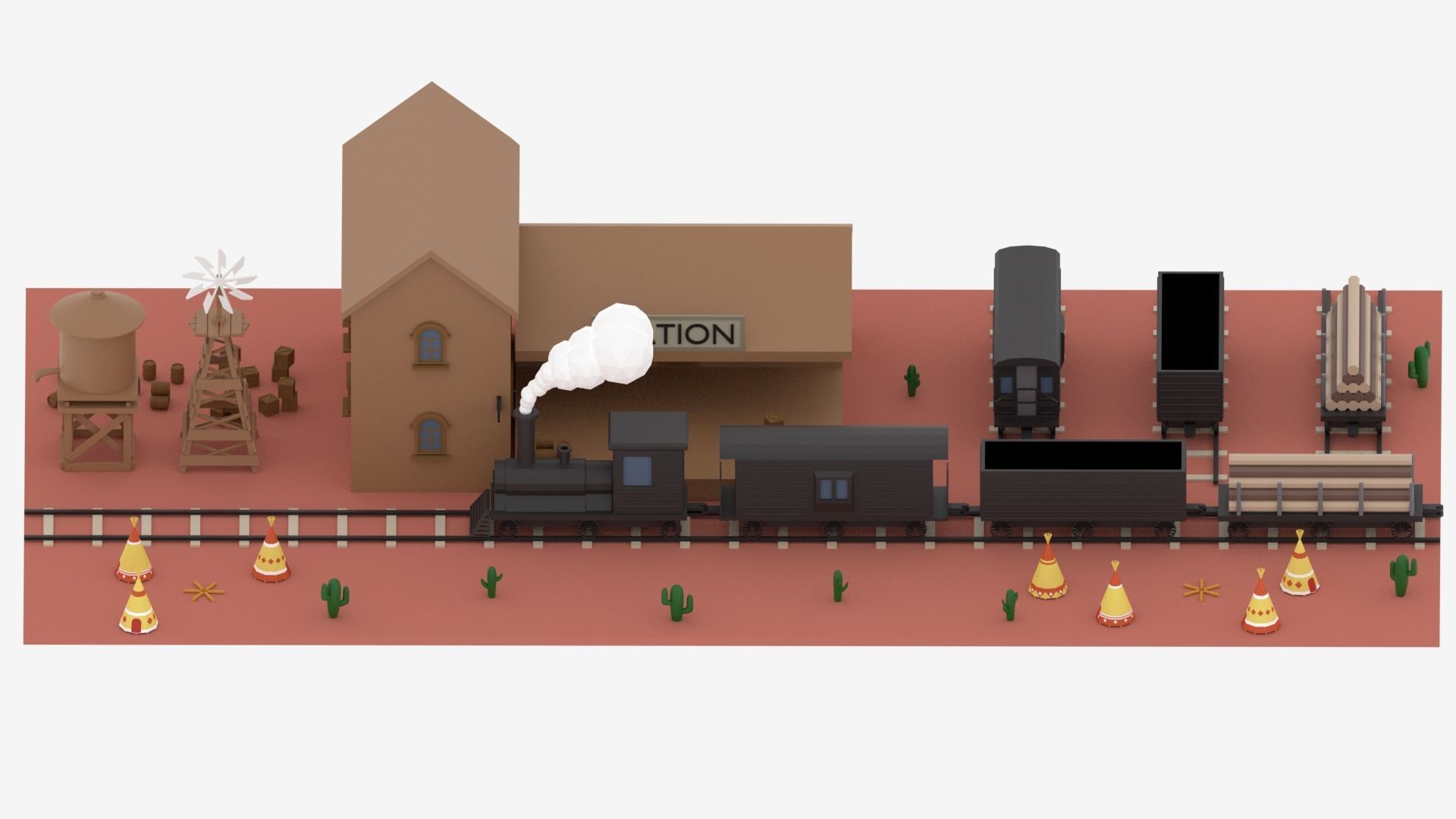 Old Wild West Train and Staion Low-poly 3D model_3