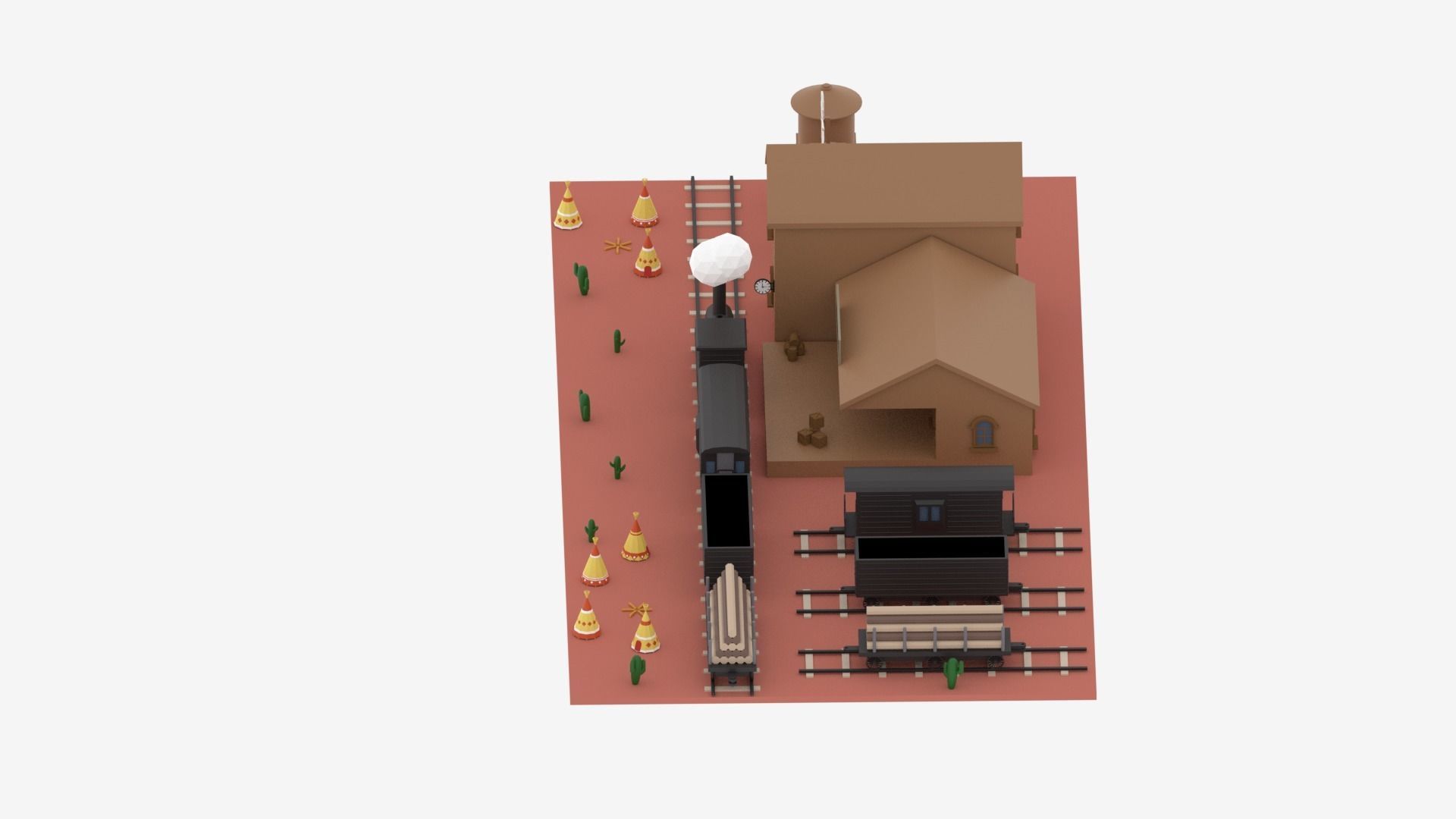 Old Wild West Train and Staion Low-poly 3D model_11