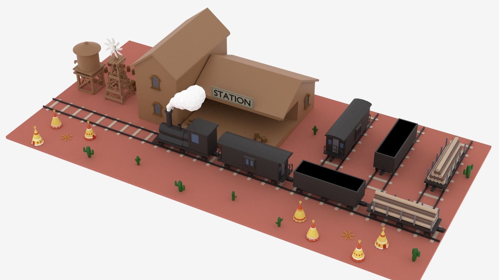 Old Wild West Train and Staion Low-poly 3D model_4