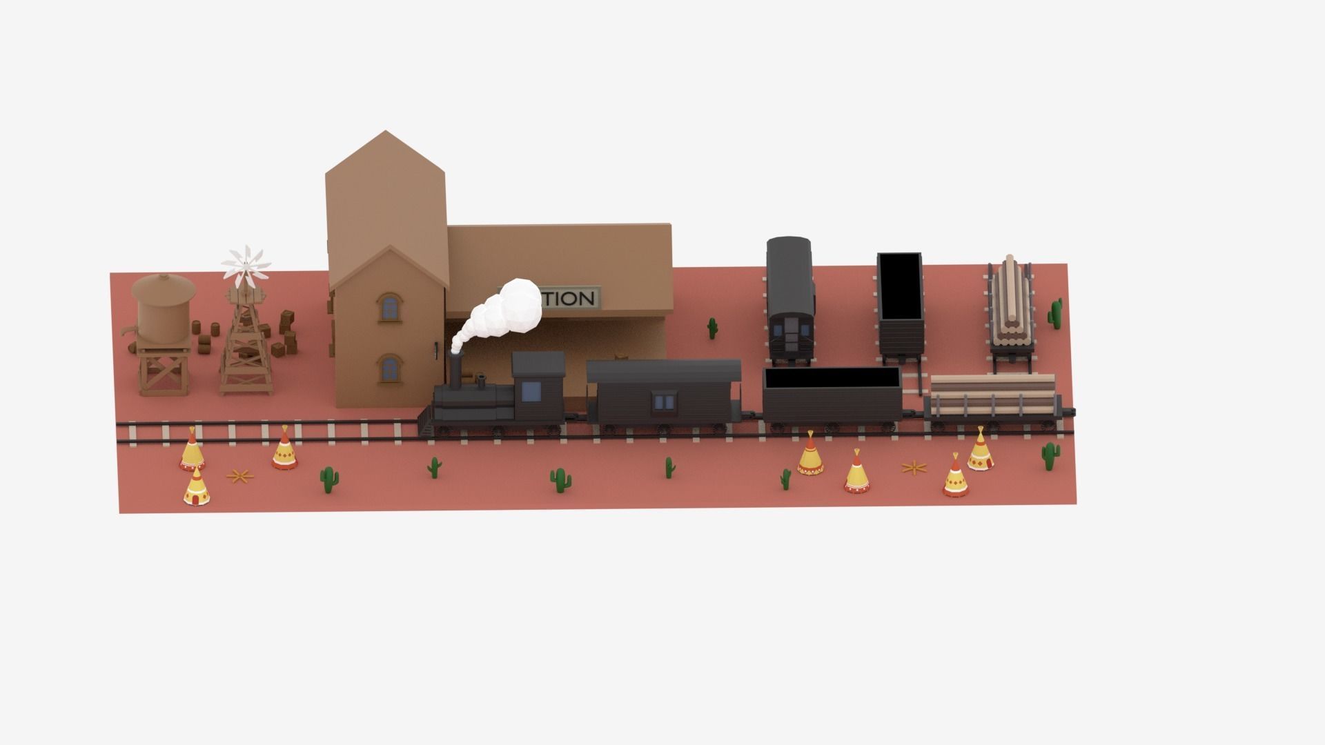 Old Wild West Train and Staion Low-poly 3D model_20