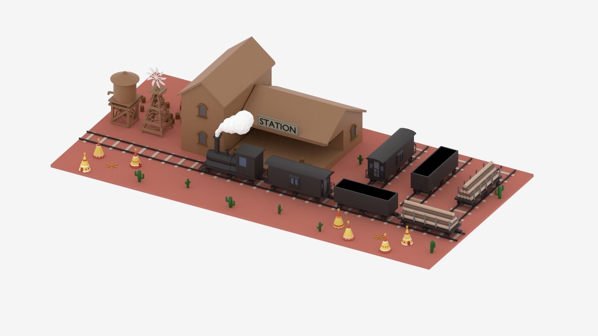 Old Wild West Train and Staion Low-poly 3D model_9