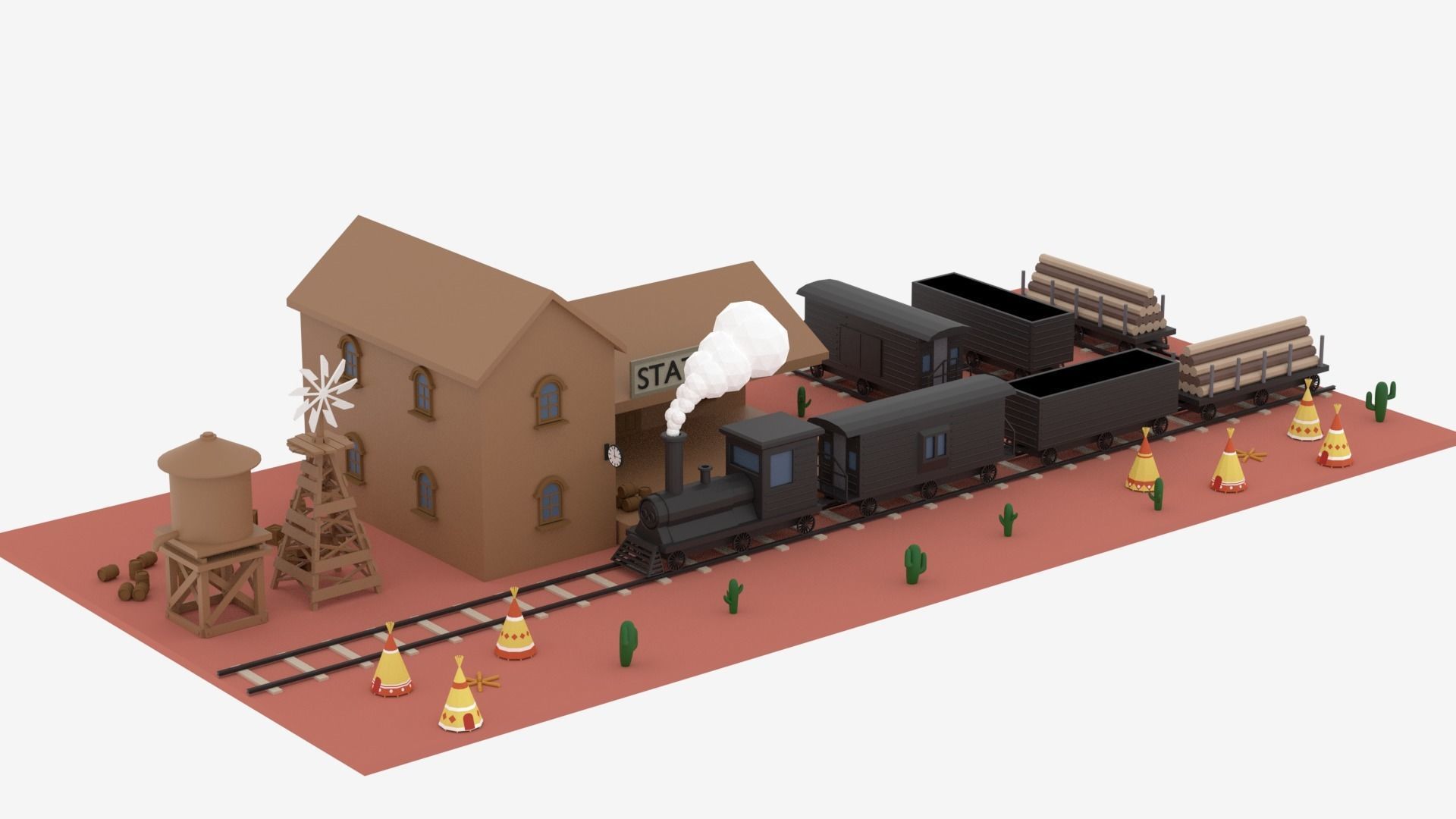 Old Wild West Train and Staion Low-poly 3D model_8