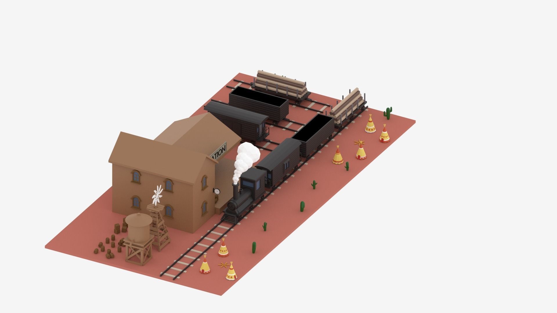 Old Wild West Train and Staion Low-poly 3D model_18