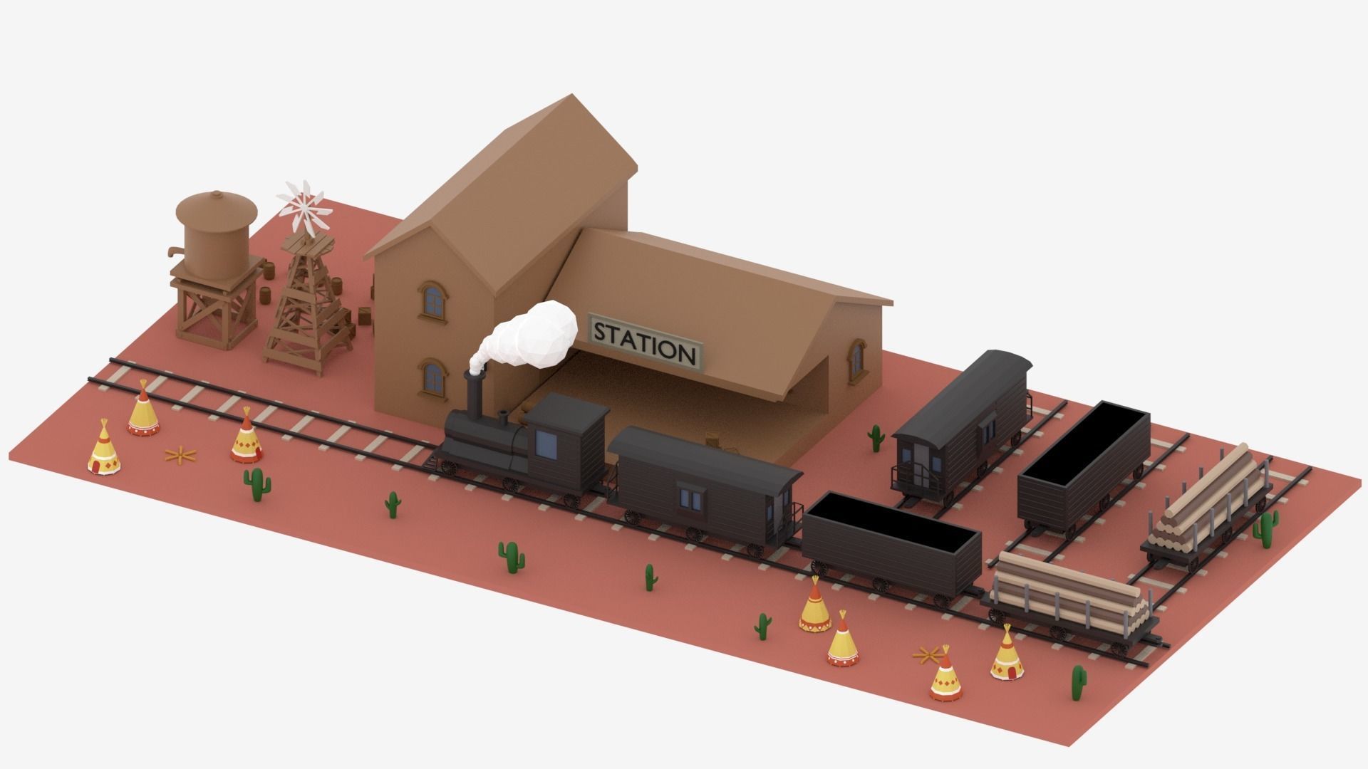 Old Wild West Train and Staion Low-poly 3D model_2