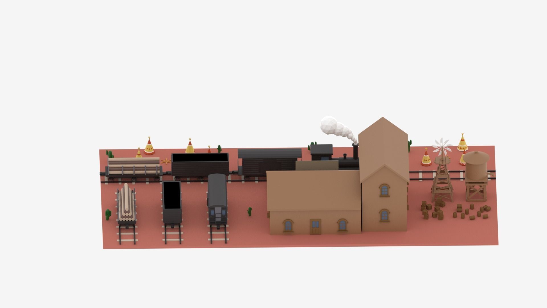 Old Wild West Train and Staion Low-poly 3D model_14