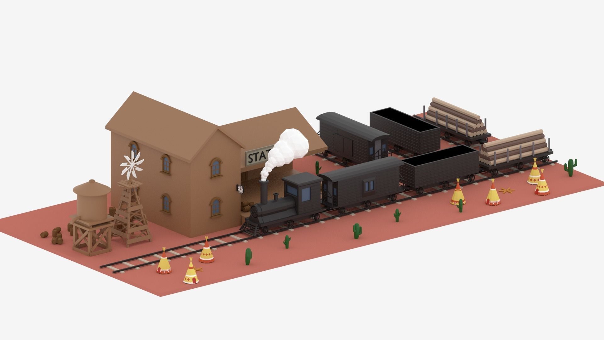 Old Wild West Train and Staion Low-poly 3D model_6