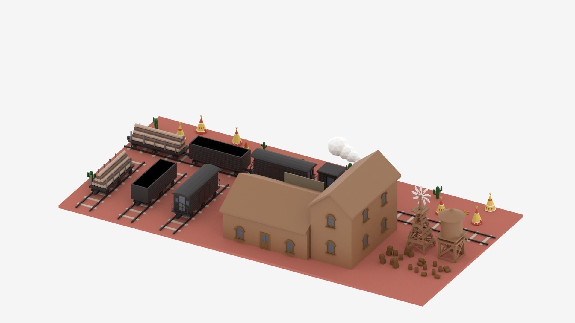 Old Wild West Train and Staion Low-poly 3D model_15