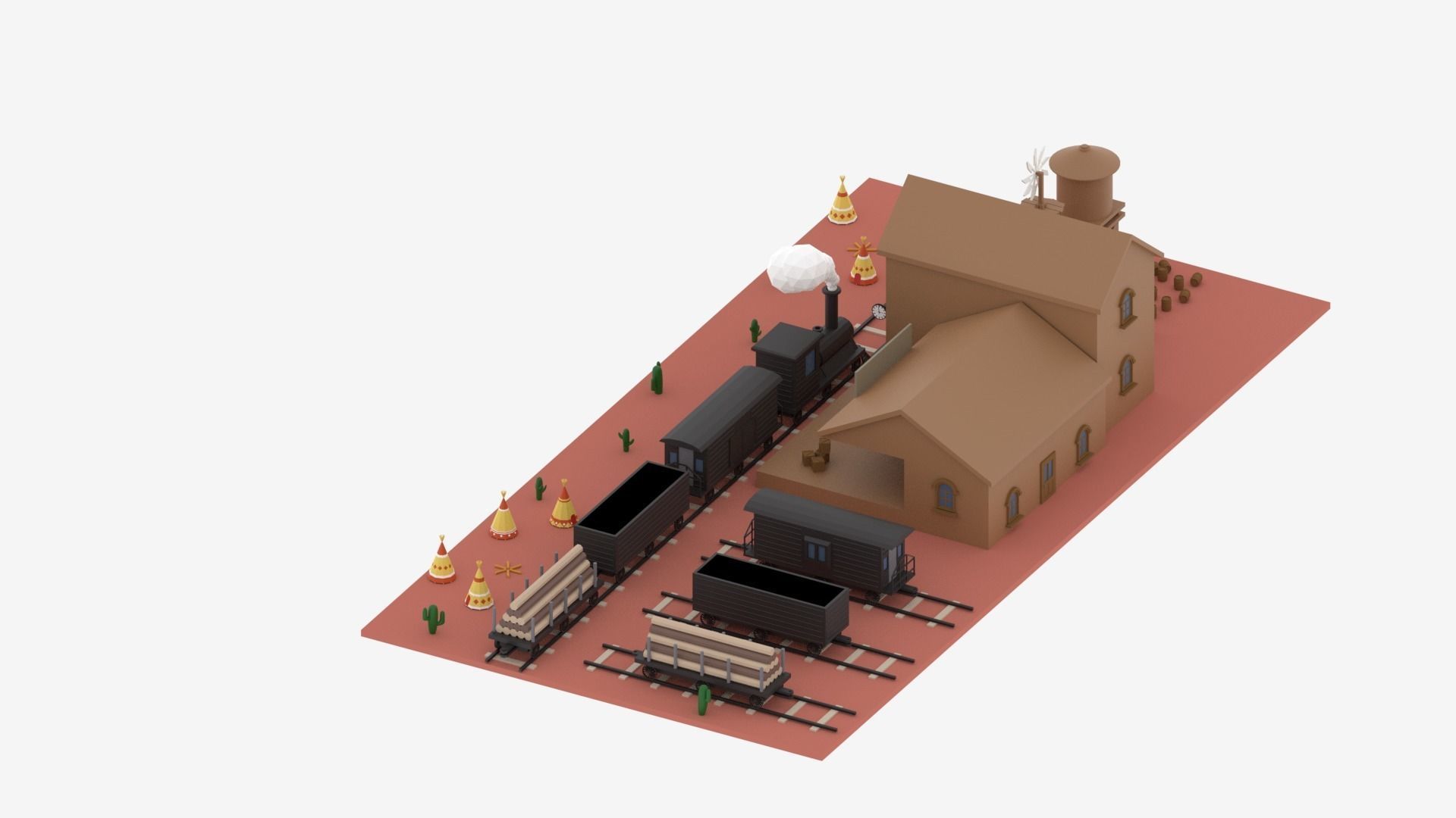 Old Wild West Train and Staion Low-poly 3D model_12