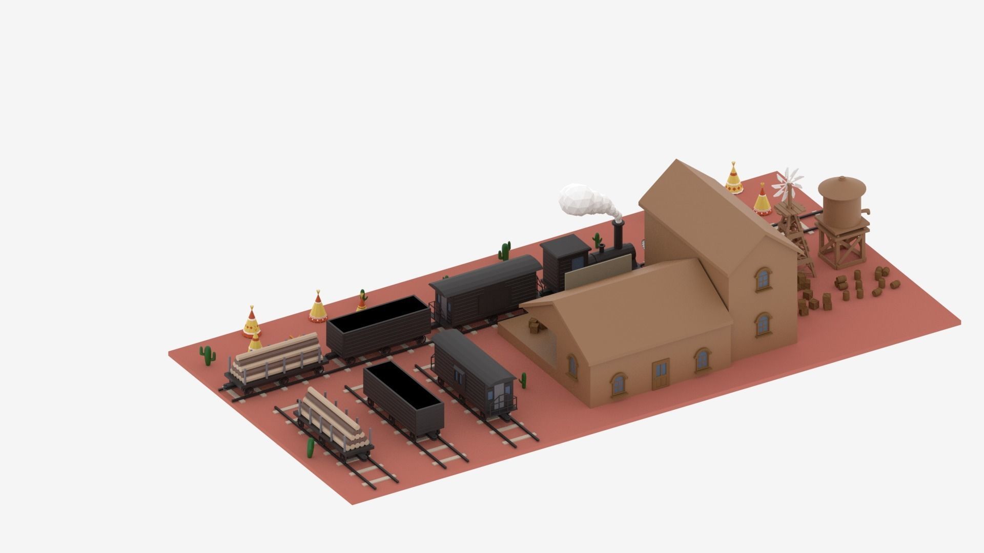 Old Wild West Train and Staion Low-poly 3D model_13