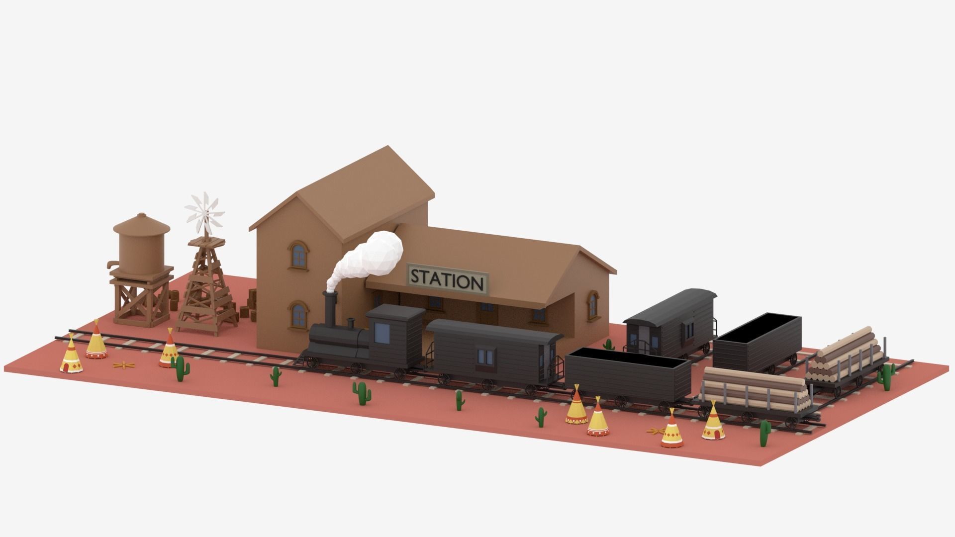 Old Wild West Train and Staion Low-poly 3D model_1