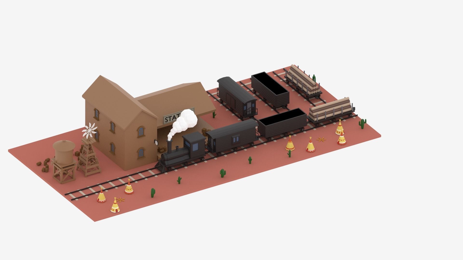 Old Wild West Train and Staion Low-poly 3D model_19