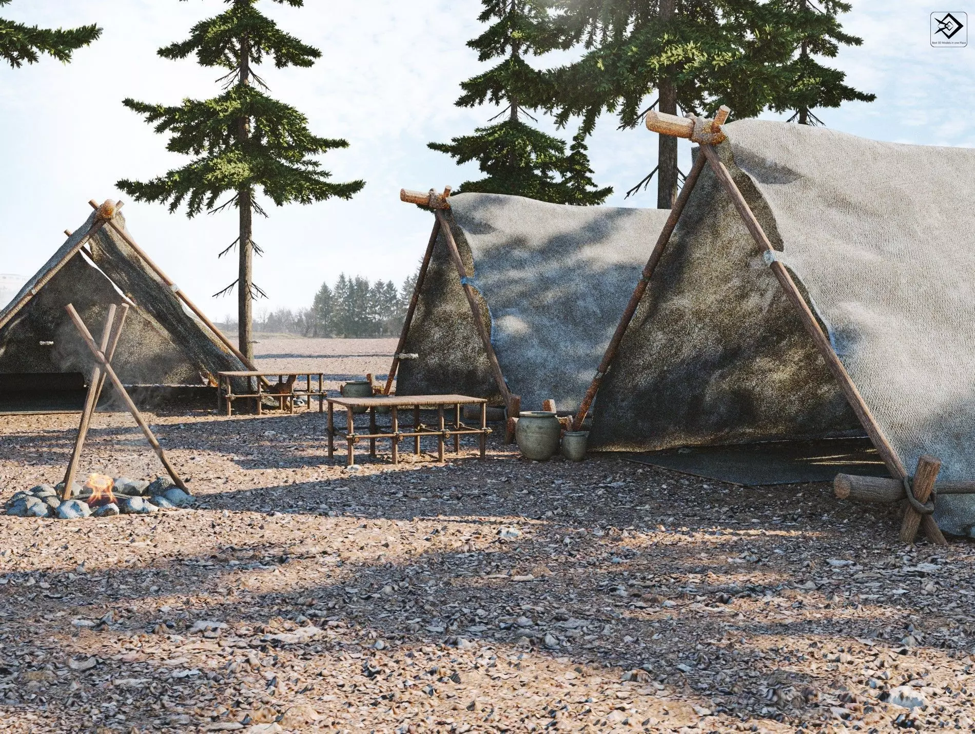 stone age camp Low-poly 3D model