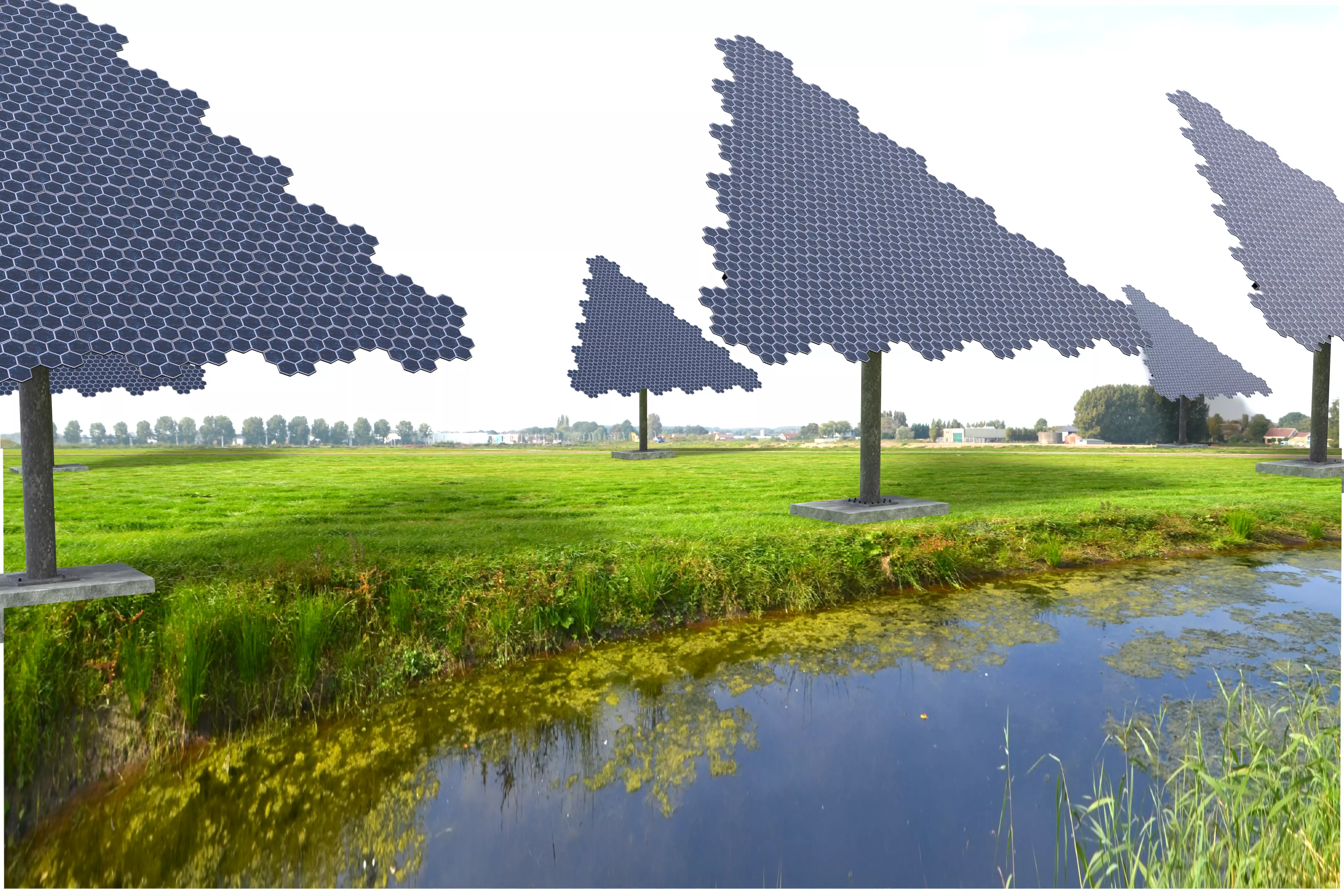 Hexagonal sun following pv solar panel array Low-poly 3D model_0