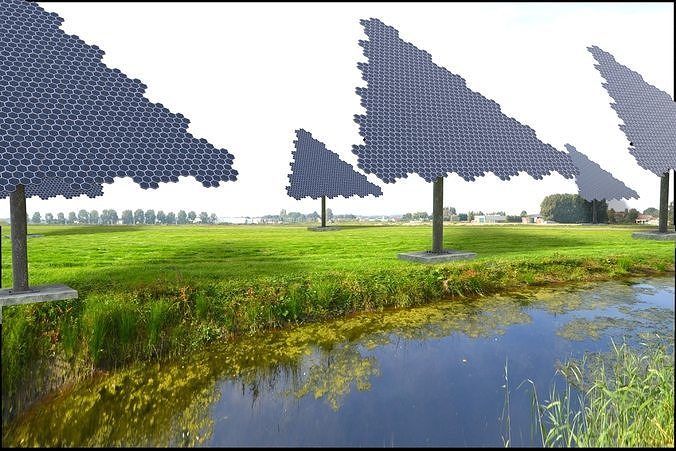 Hexagonal sun following pv solar panel array Low-poly 3D model