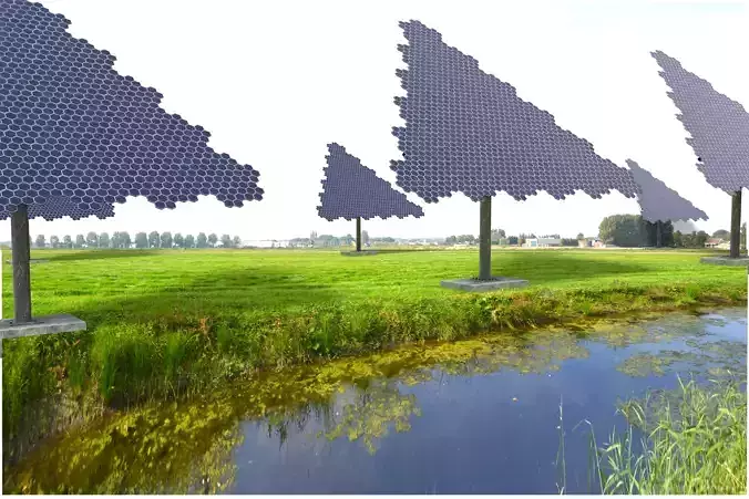 Hexagonal sun following pv solar panel array Low-poly 3D model Hexagonal sun following pv solar panel array Low-poly 3D model