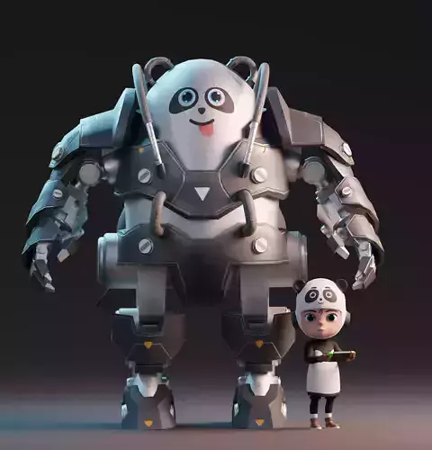 Robot Panda and Panda Kid Character
