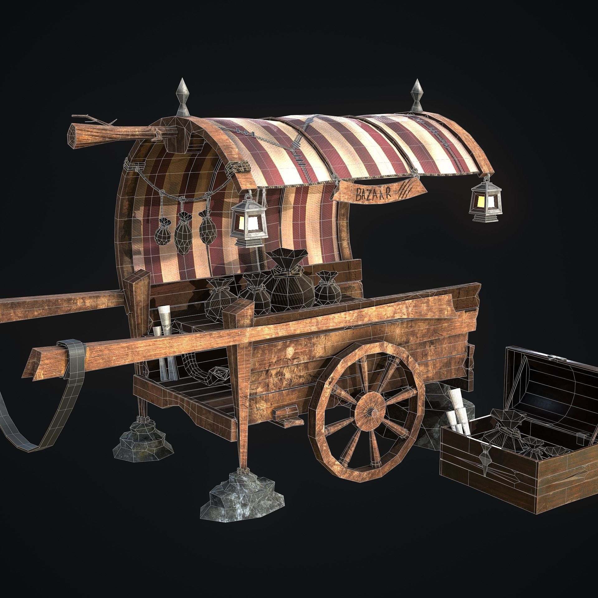 Medieval Shop cart Low-poly 3D model_14