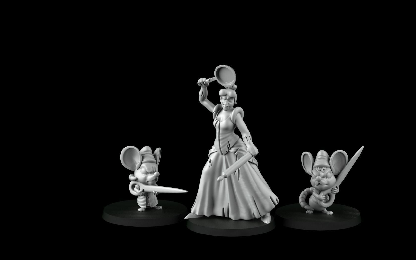 Cinderella figurine of woman and two mice 3D print model_2