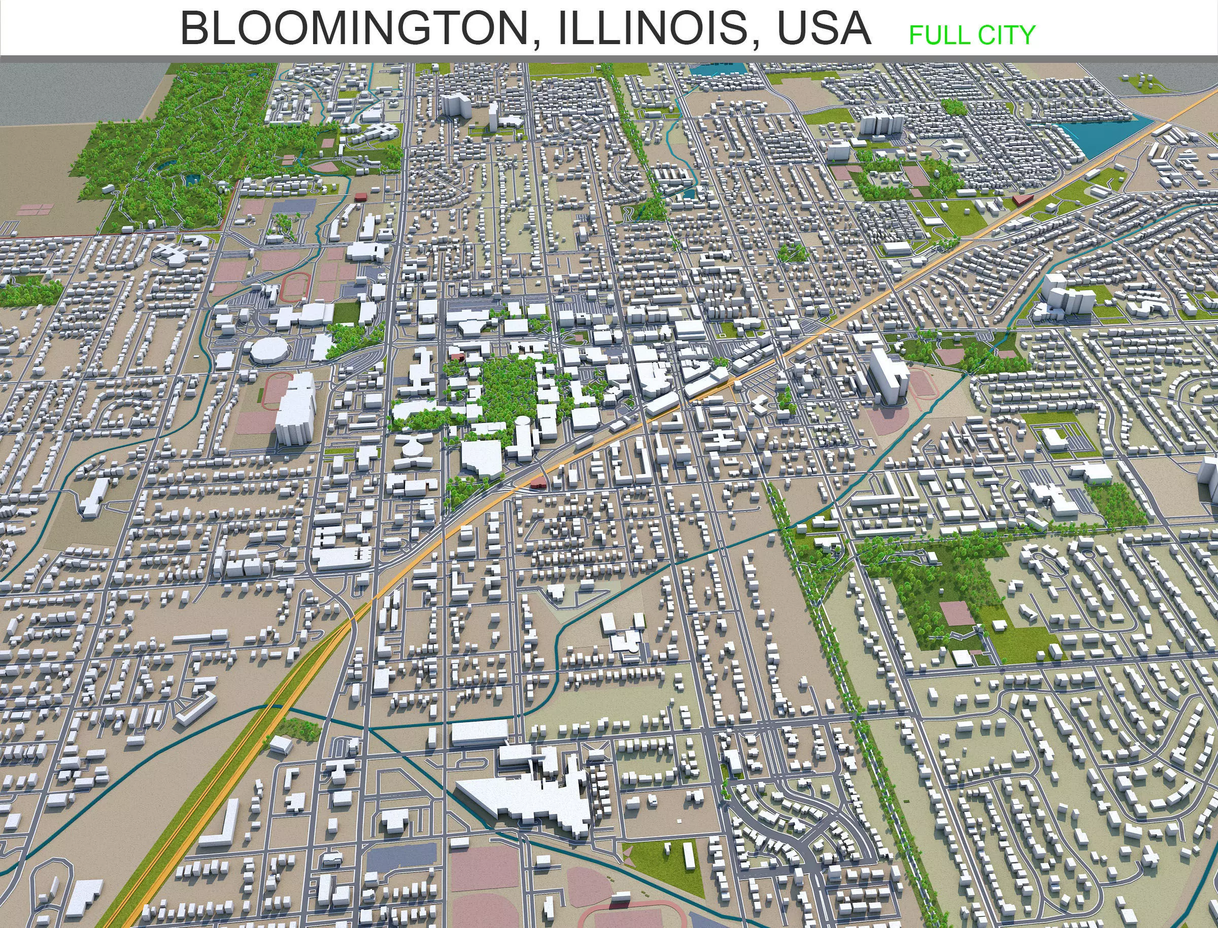Bloomington Illinois USA 30km Low-poly 3D model