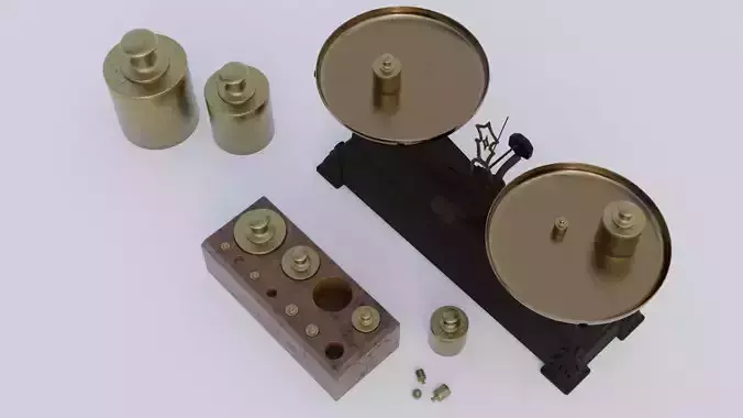 Rigged vintage balance scale with weights Low-poly 3D model