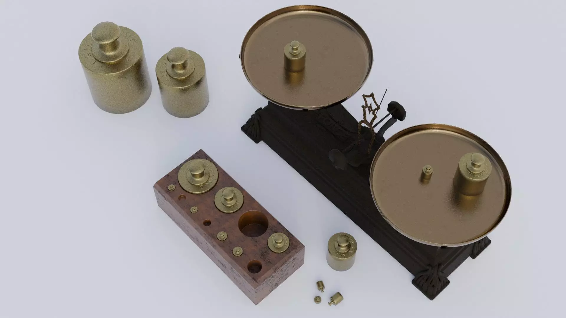 Rigged vintage balance scale with weights Low-poly 3D model