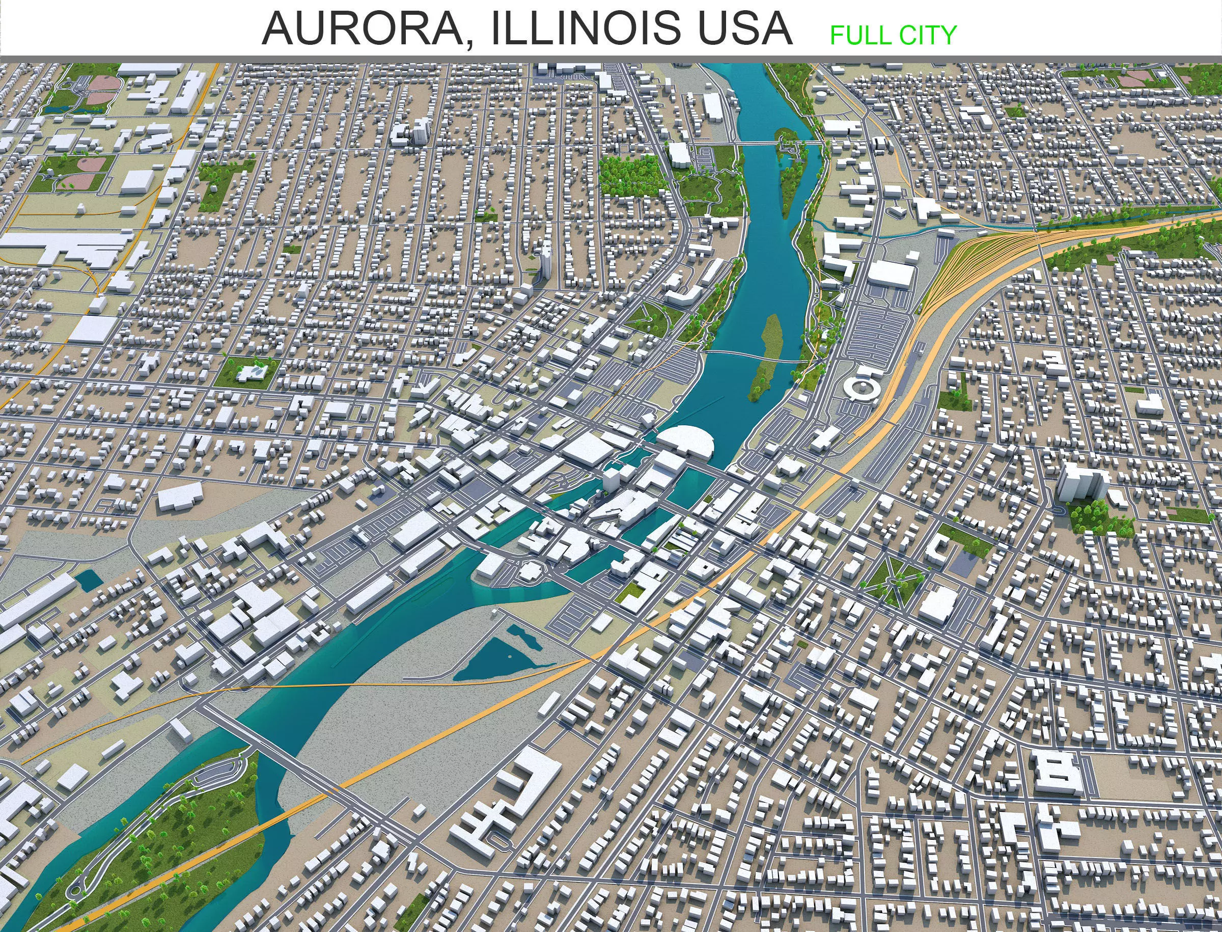 Aurora Illinois USA 40km Low-poly 3D model