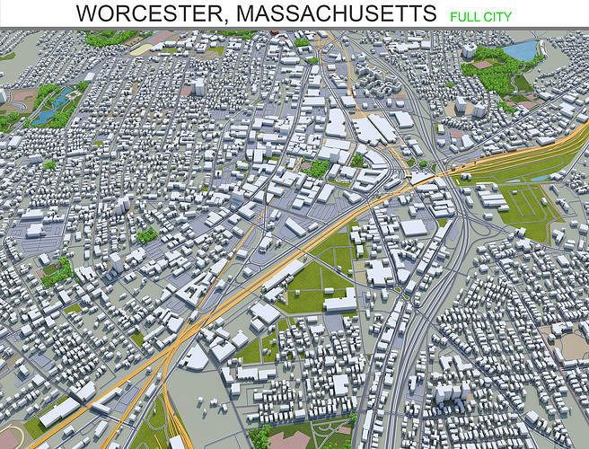 Worcester Massachusetts USA 30km Low-poly 3D model