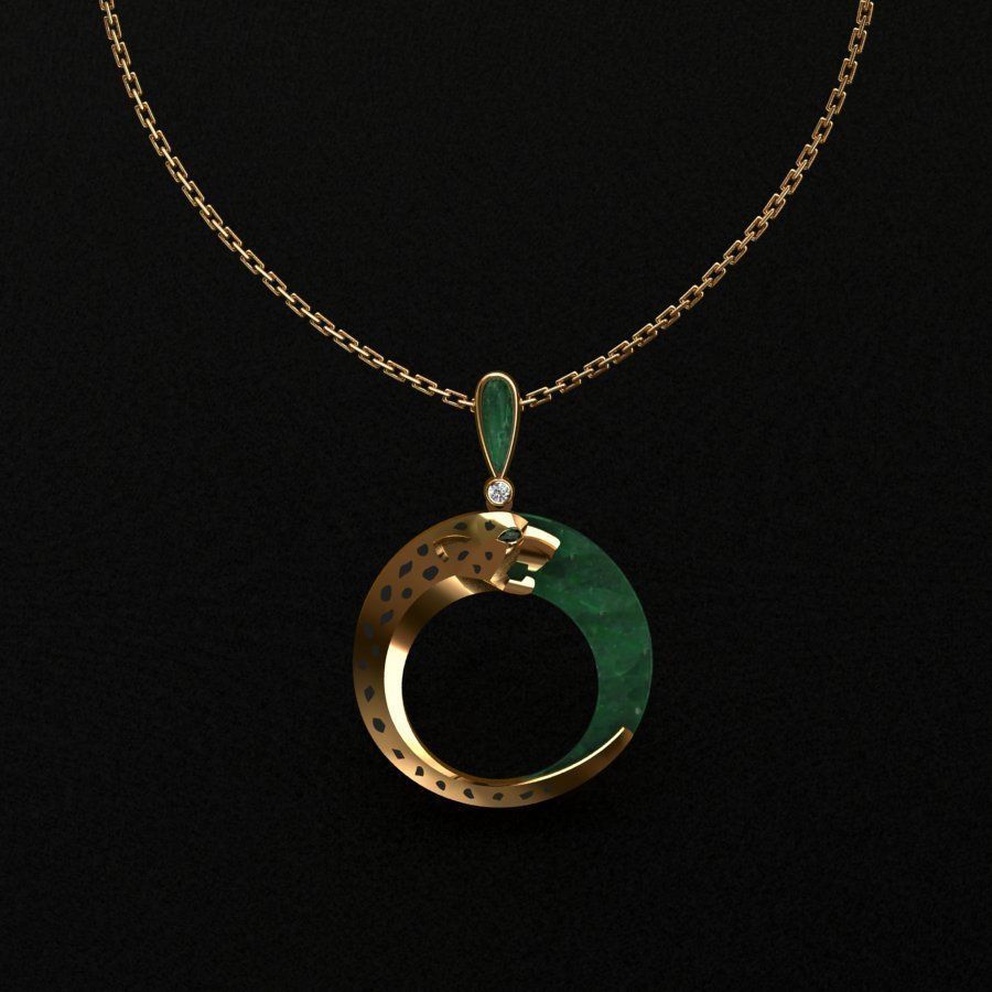 Pendant emerald jade on gold chain 3D print model_8