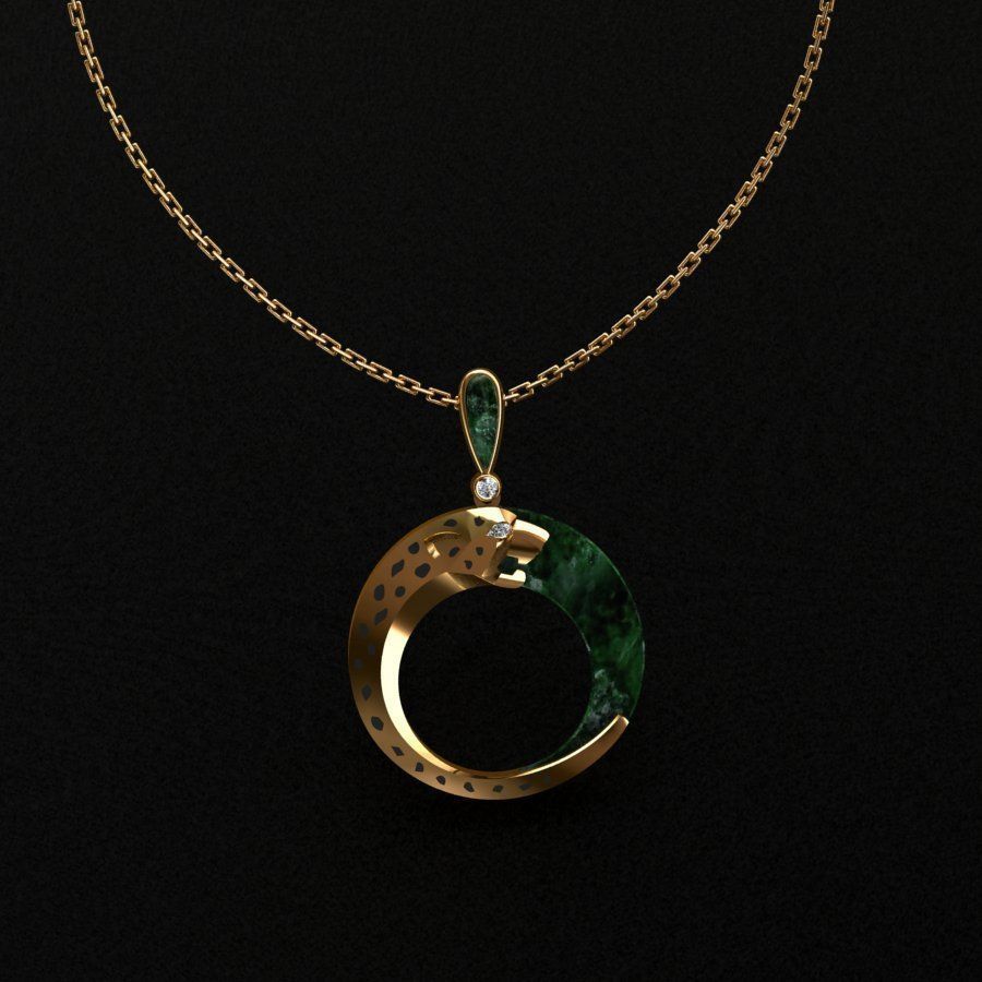 Pendant emerald jade on gold chain 3D print model_2