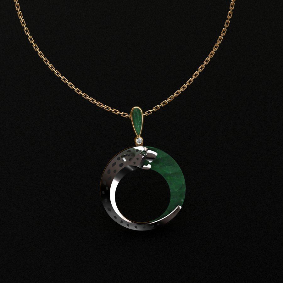 Pendant emerald jade on gold chain 3D print model_10