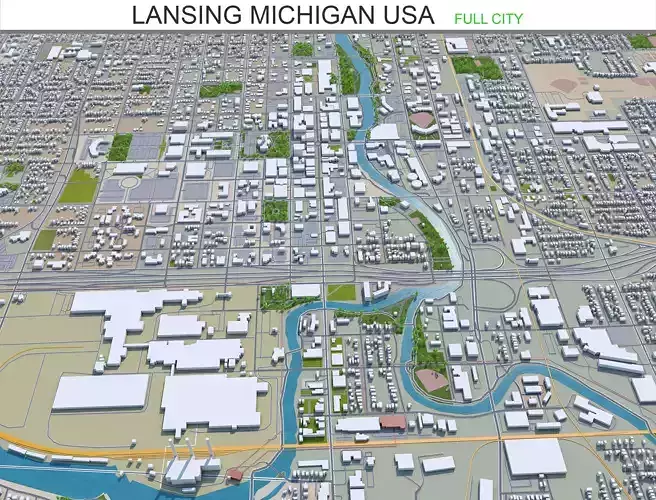 Lansing Michigan USA 30km Low-poly 3D model