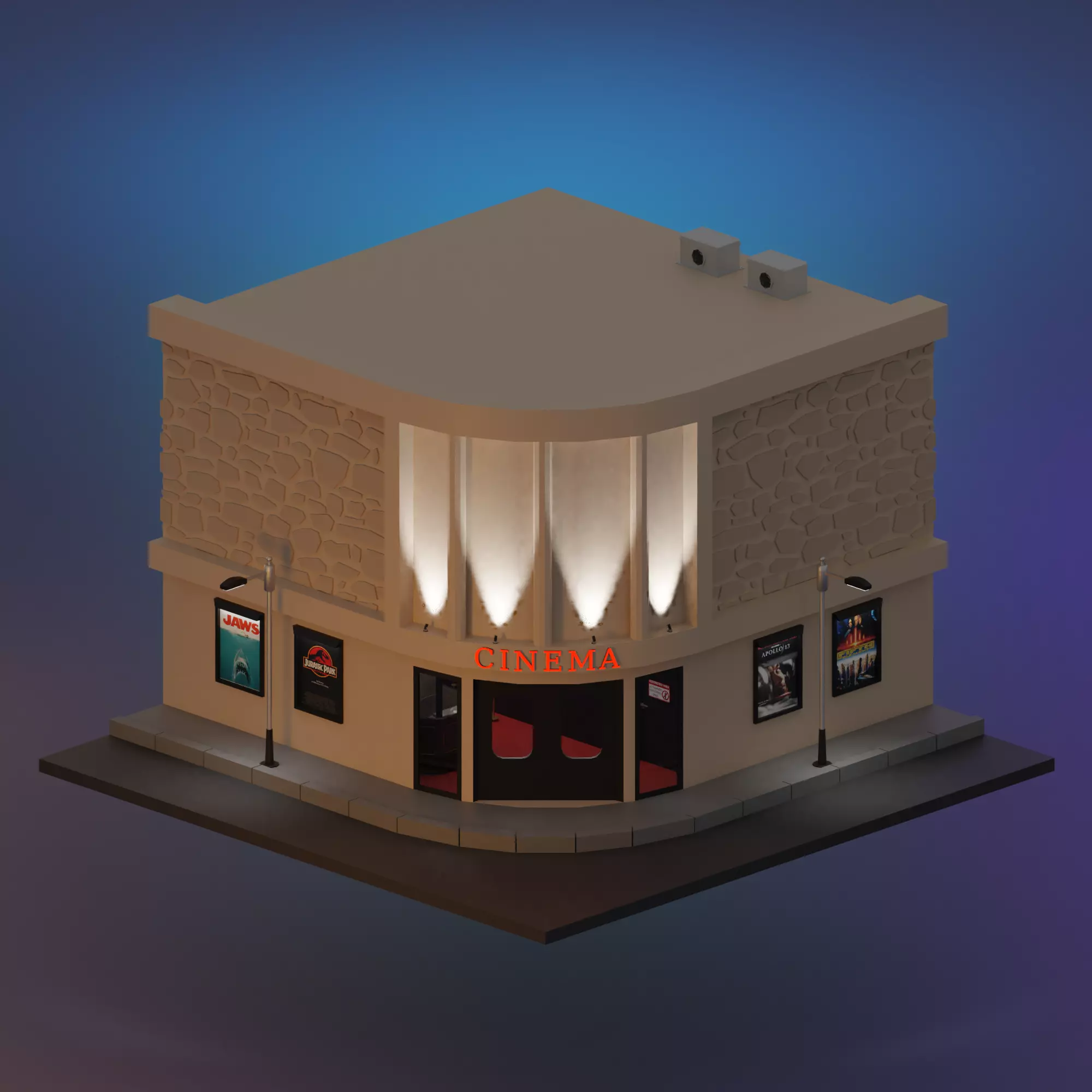 Cinema movie theater building Low-poly 3D model_0