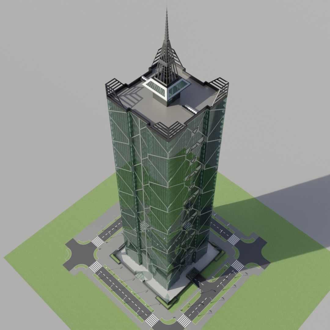 Skyscraper tall building with roof 3D model_10