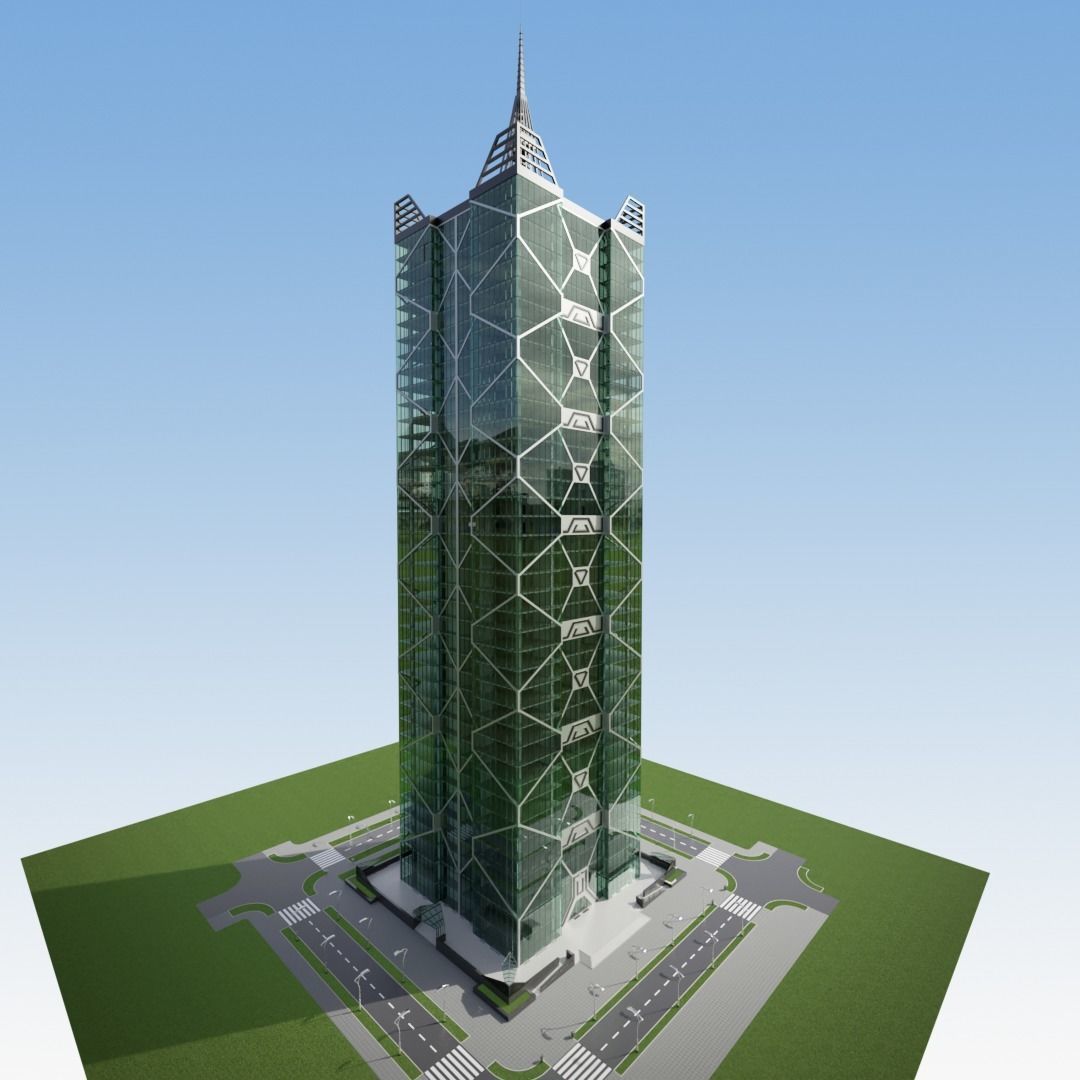 Skyscraper tall building with roof 3D model_2