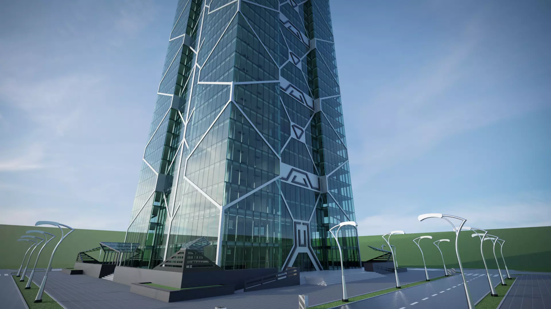 Skyscraper tall building with roof 3D model_0