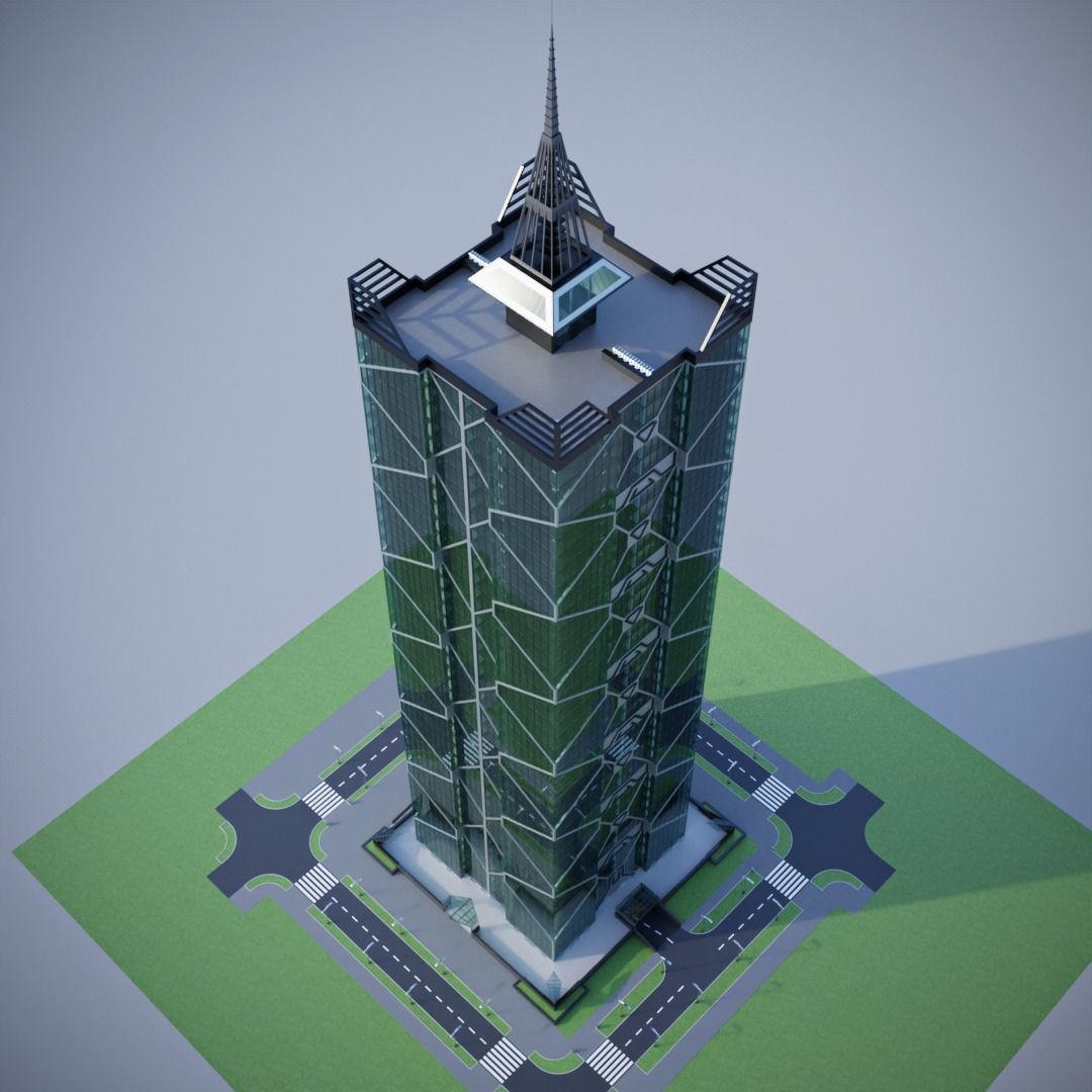 Skyscraper tall building with roof 3D model_5